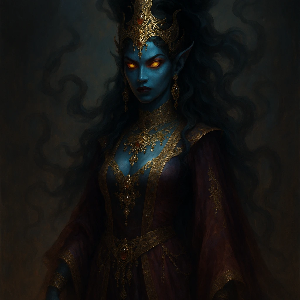a beautiful but evil jinn queen, elegant, mystical, with an aura of power and menace, intricate jewelry, flowing robes, glowing eyes, fantasy style emoji