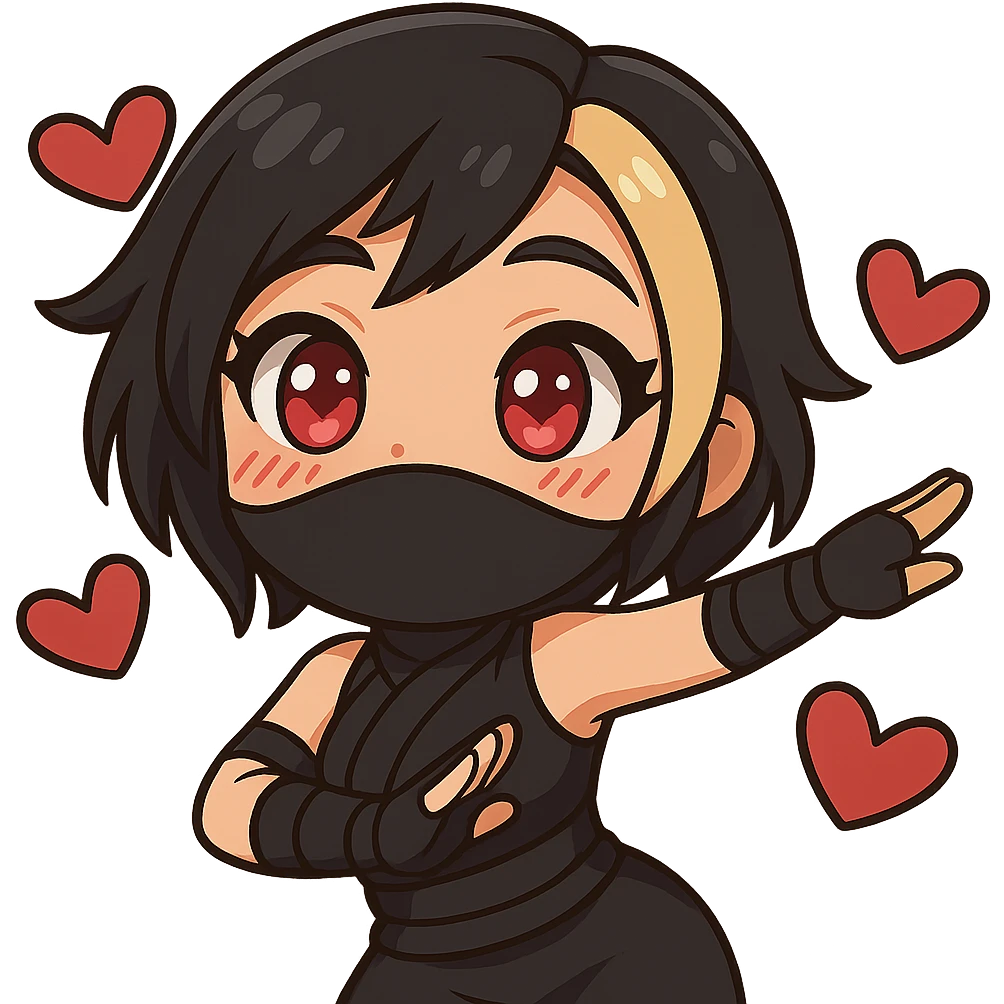 Create a chibi anime style ninja girl dancing to the right. Keep the same face, hair, mask, outfit, and hearts as the reference image. Change the pose so her body and arms are leaning to the right in a cute dance move, slightly different from frame 2. Transparent background, sized for Twitch emoji use. This is animation frame 4. emoji