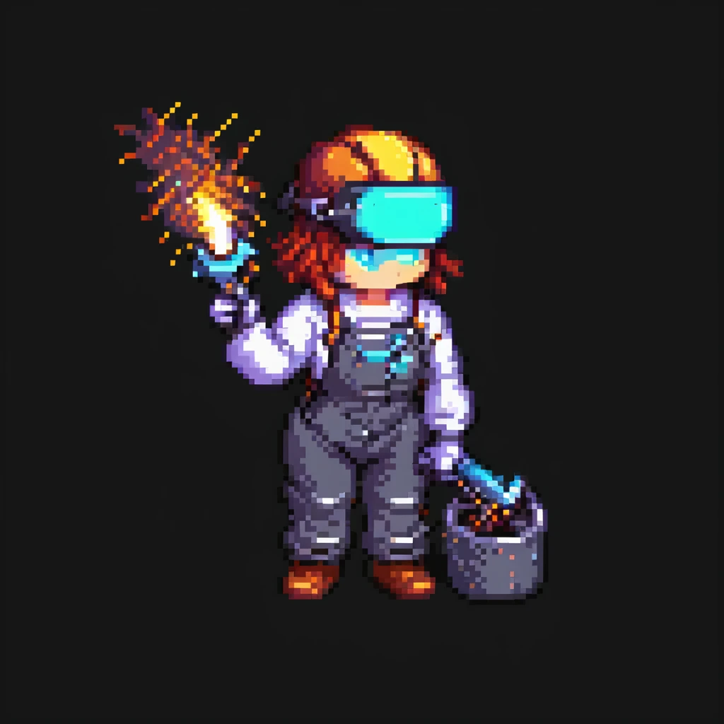 female welder, pixel art, welding action, bright sparks emoji