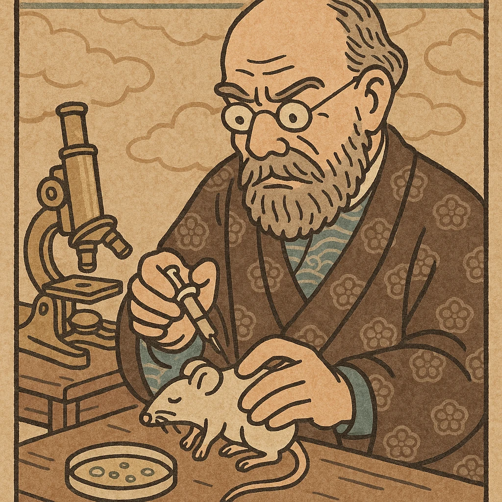 a victorian scientist who looks like Robert Koch with a microscope, a petri dish. The scientist is injecting a lab rat in his lab emoji