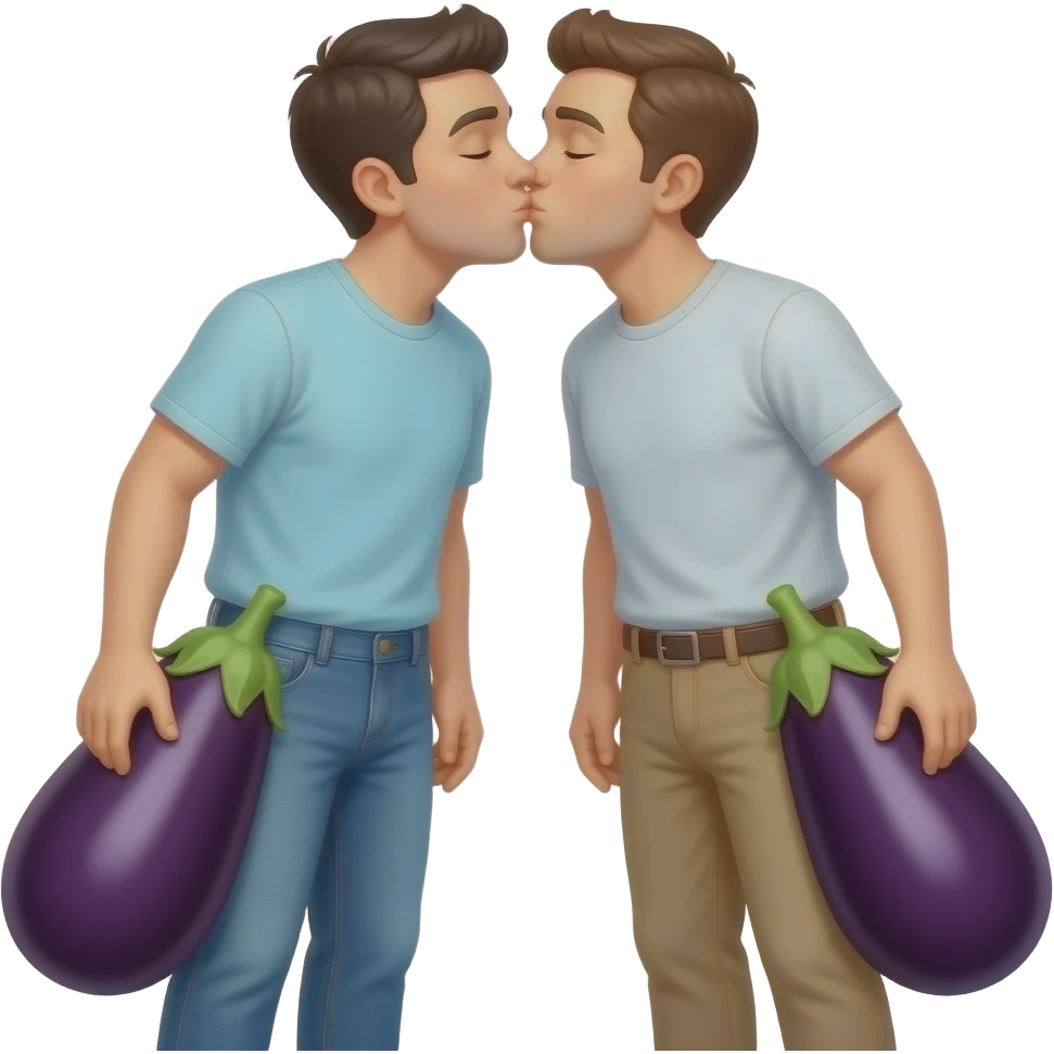 Two men kissing each other with two eggplants out Make the eggplants attached to their pants emoji