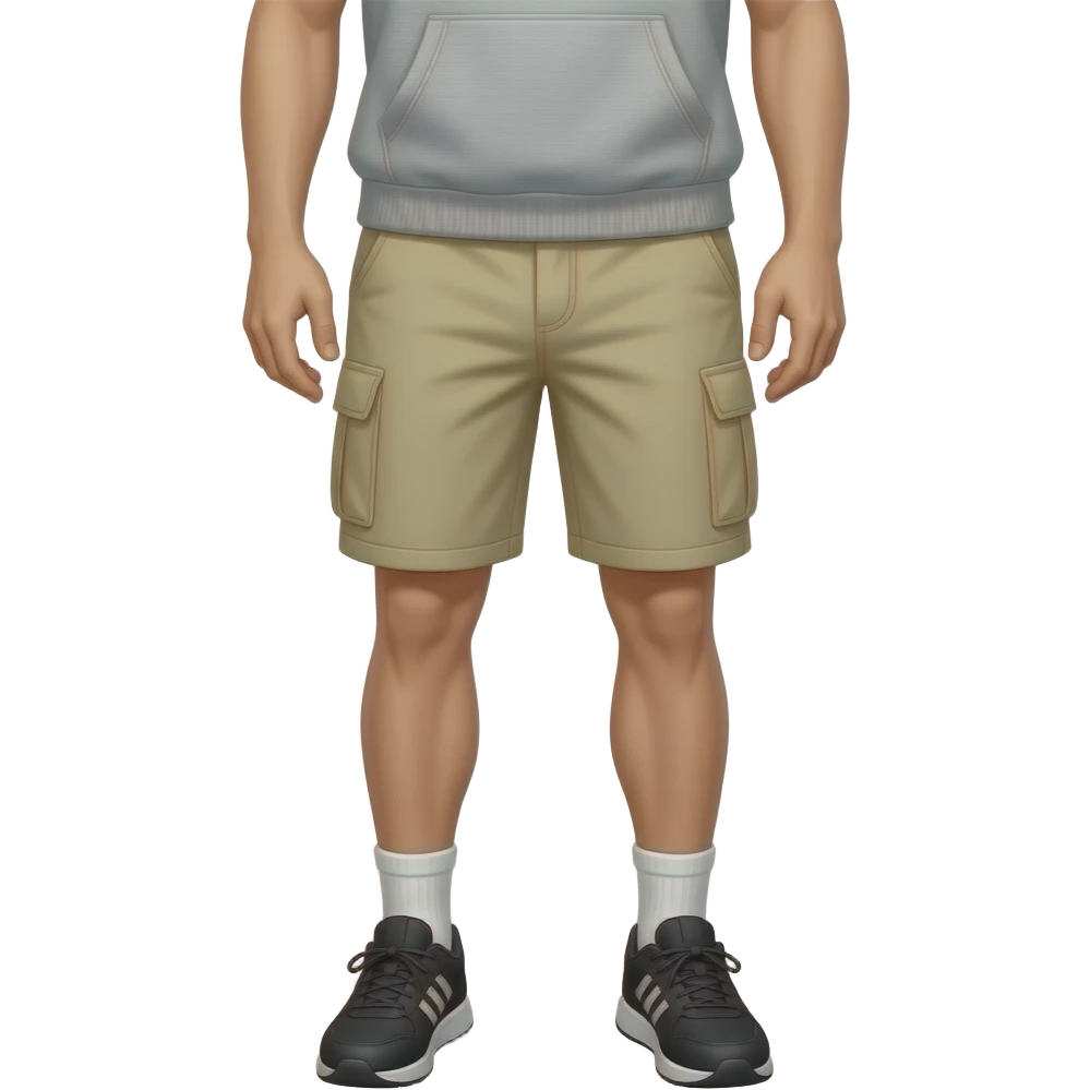 black running shoes with white socks, bare legs, beige cargo shorts and a grey sweatervest from the waist down emoji