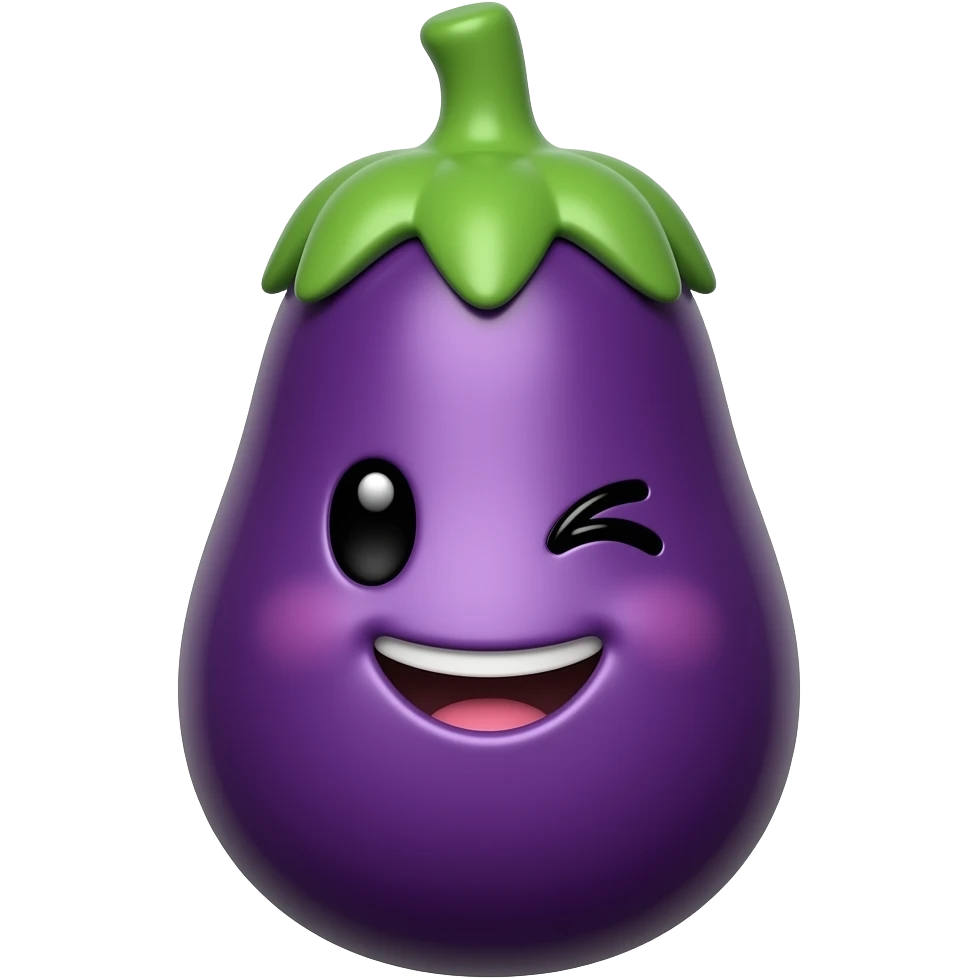 A cute 3D eggplant emoji sticker with a flirty wink and playful smirk, suggestive but safe, glossy style, clean white background, soft shadow, no text, no watermark emoji