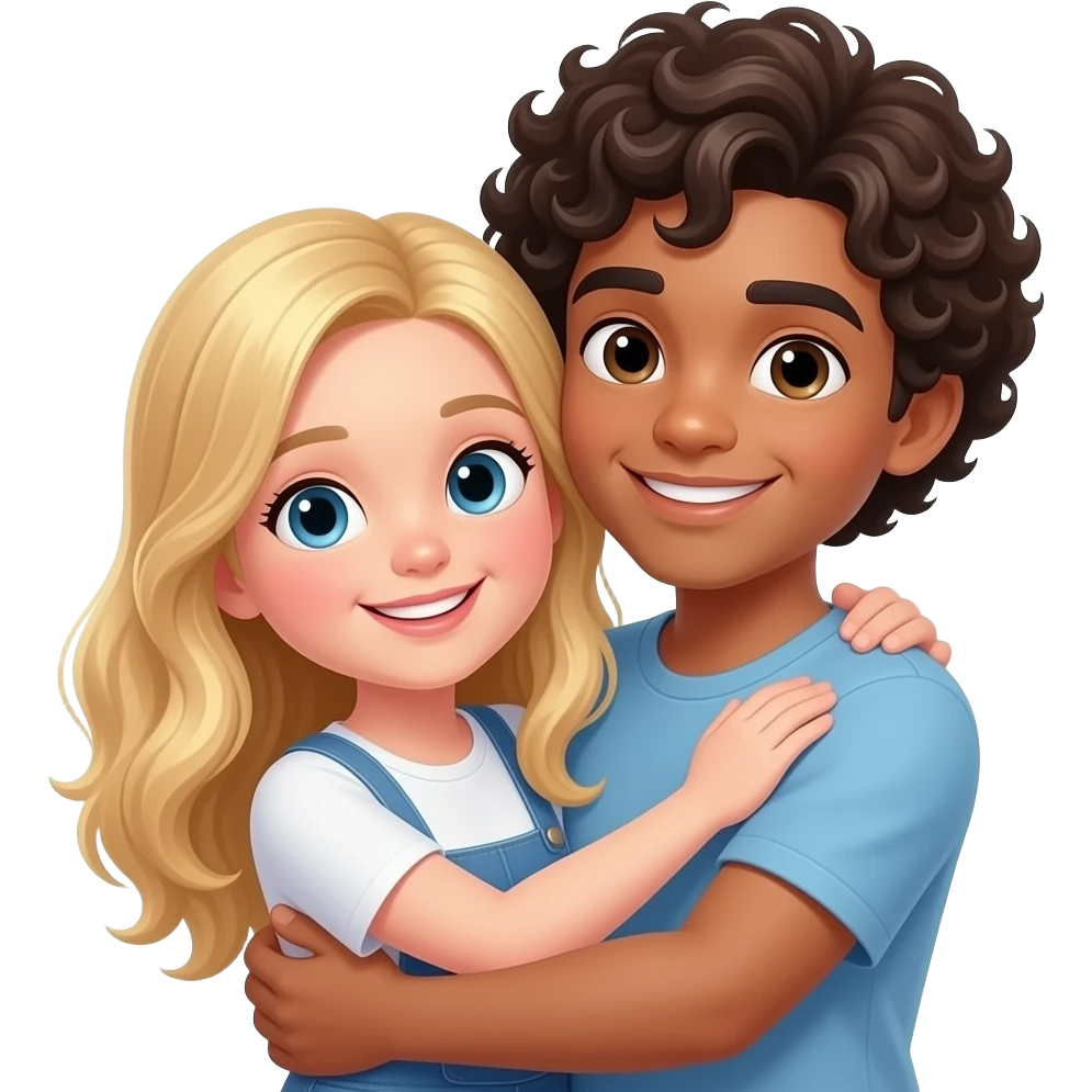 Two friends hugging, a girl with blonde hair and a guy with dark curly hair emoji