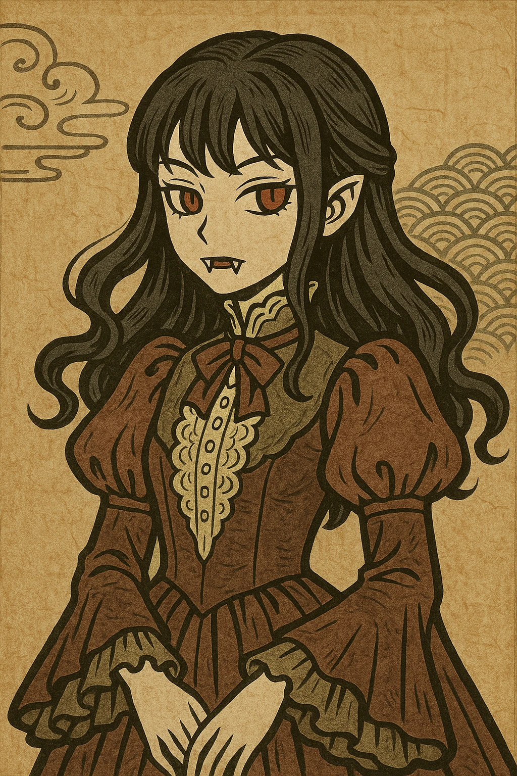 vampire girl, gothic anime style, pale skin, fangs, red eyes, dark hair, elegant dress, mysterious expression emoji