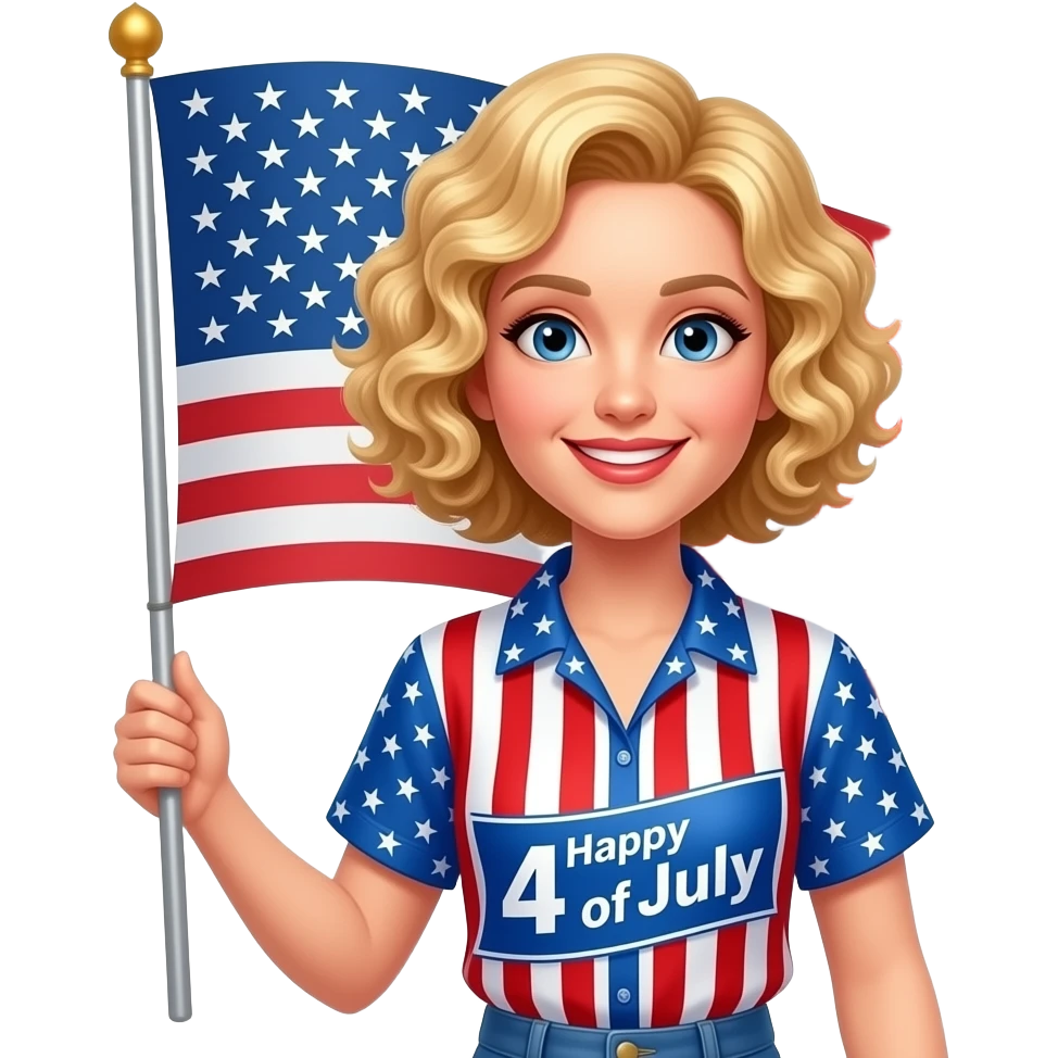 blonde tight curly hair in a short bob with a Happy 4 of July banner and a red, white and blue short sleeve art blouse and a huge flag emoji