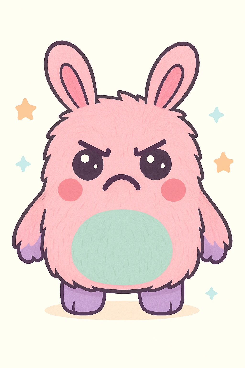 Close the monster's mouth, furrow the nonexistent eyebrows to express anger, add fur on the body, keep the kawaii style, rabbit ears, nine teeth not visible. emoji