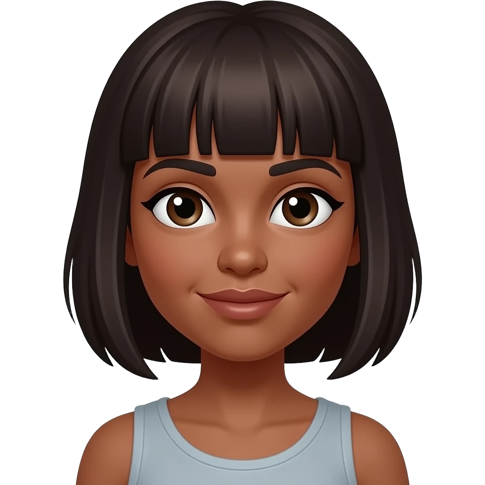 a woman with dark brown or black hair with bangs and she has brown skin emoji