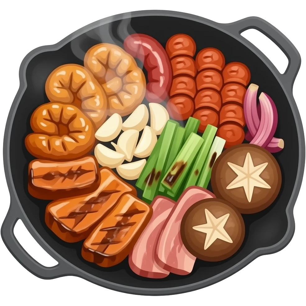 korean grilled gopchang platter, assorted intestines and pork belly, garlic, mushrooms, onions, chives, sizzling on a black pan, top view, realistic food photography emoji