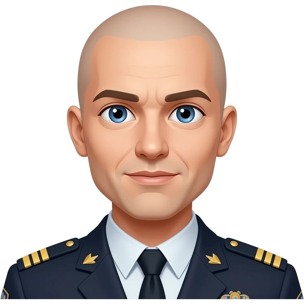 totally bald person with blue eyes and a uniform emoji