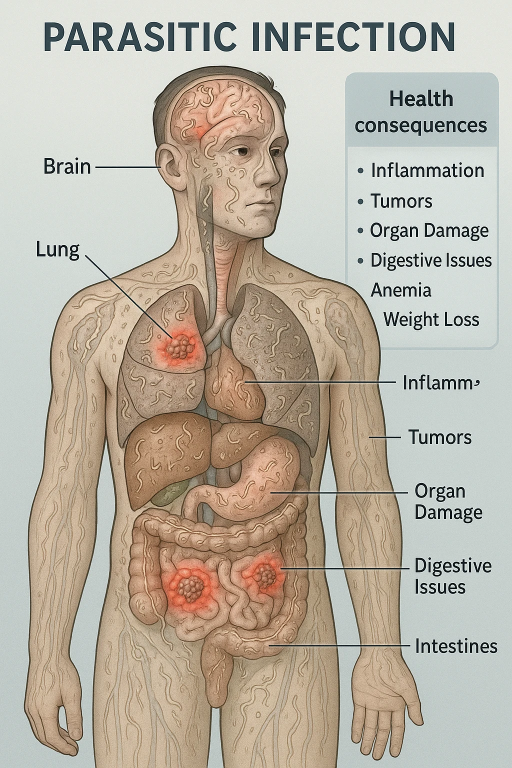 a semi-transparent view of a man’s body reveals numerous parasitic organisms inside his organs and tissues. Some areas are highlighted with red or inflamed zones, and small tumor-like masses are visible where the parasites cluster. The background is clinical and educational, with labels pointing to affected organs and a sidebar showing the health consequences. emoji