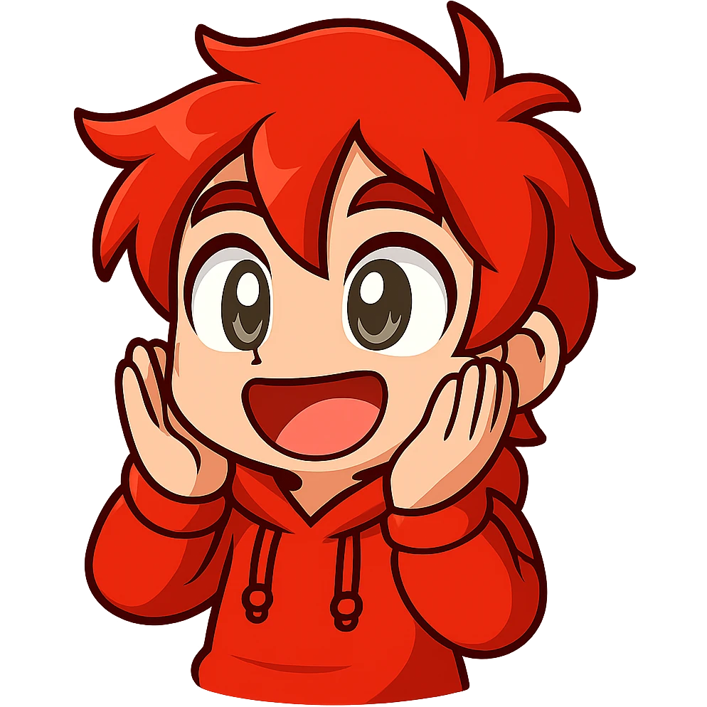 Extract the bottom right character wearing a red hoodie with red hair as a fully visible, separate image with a transparent background, keeping the original chibi stickers cartoon style and appearance. emoji