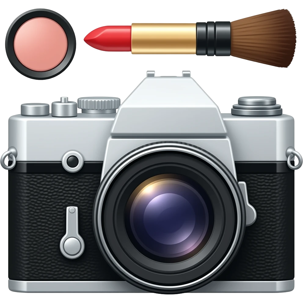 composition of make-up accessories with vintage camera compendium emoji