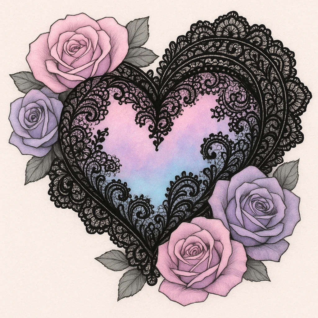 pastel goth heart with pastel roses and black lace emoji