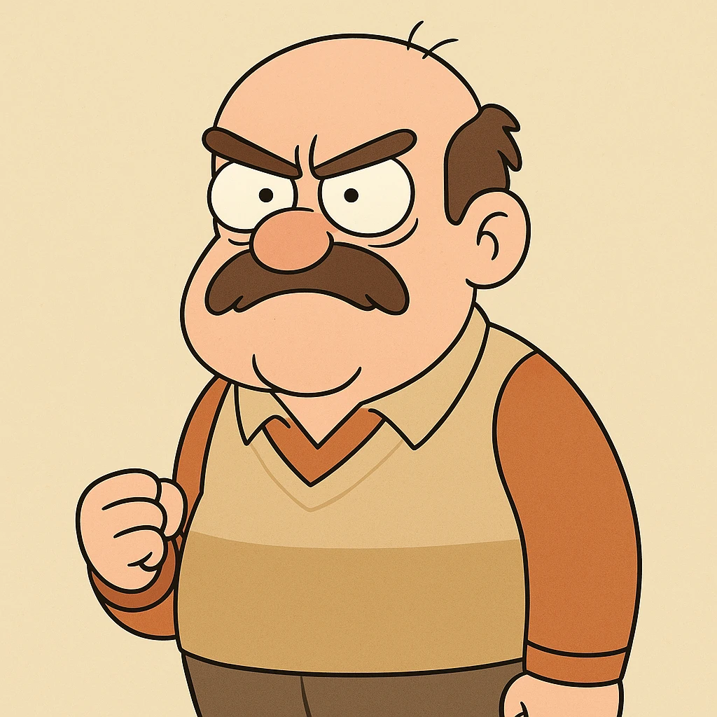 Henio from Tesco Poland ad, looking angry, cartoon style emoji