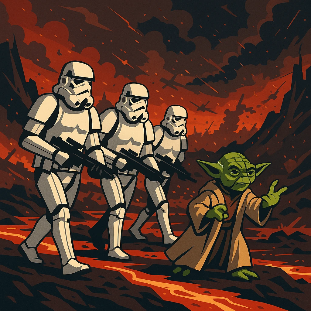 vector art of a Starwars stormtroopers is walking on lava planet with yoda, battleground background

 emoji