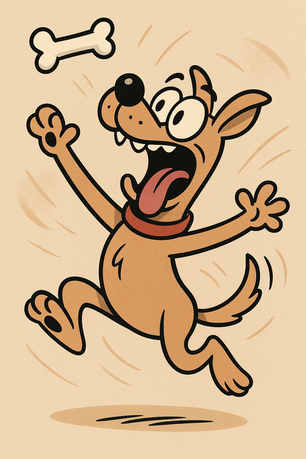 a dog catching a bone in mid-air, energetic style, dynamic and lively emoji