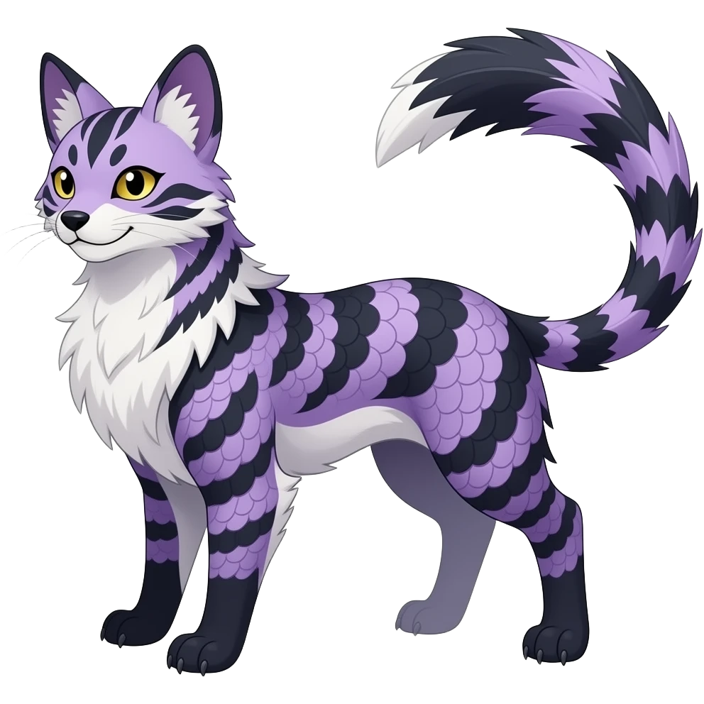 Thylacine-stripe-patterned majestic feathery elegant realistic stylish Furry, feathery fluffy tropical flecked painted feathery scaly, Purple, white, black, Minccino-Bambino-Lykoi-Linoone-Zangoose-fusion-hybrid-animal-Fakémon-creature, full body, thin long sleek scaly tail, intricate markings emoji