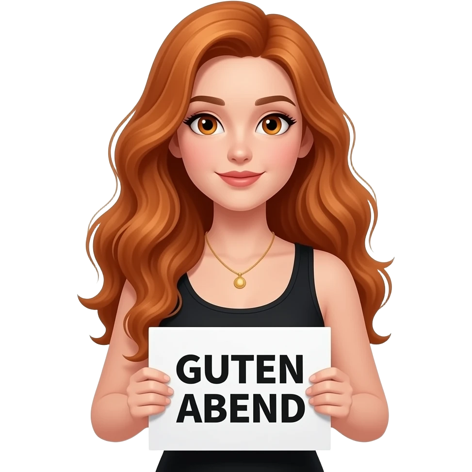 sexy girl with long wavy ginger hair and ginger eyes wearing a black tanktop is holding a white colored sign with GUTEN ABEND written on it emoji