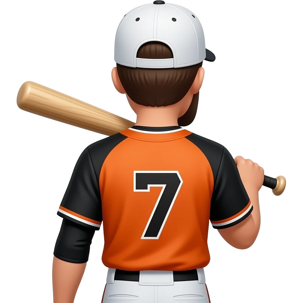Make a baseball player wearing number 7, the jersey color is orange and black make the hair a dark brown low taper fade and put a white hat on. And put a bat on the shoulder, make there skin color tan and make them fully turned around with tan skin emoji