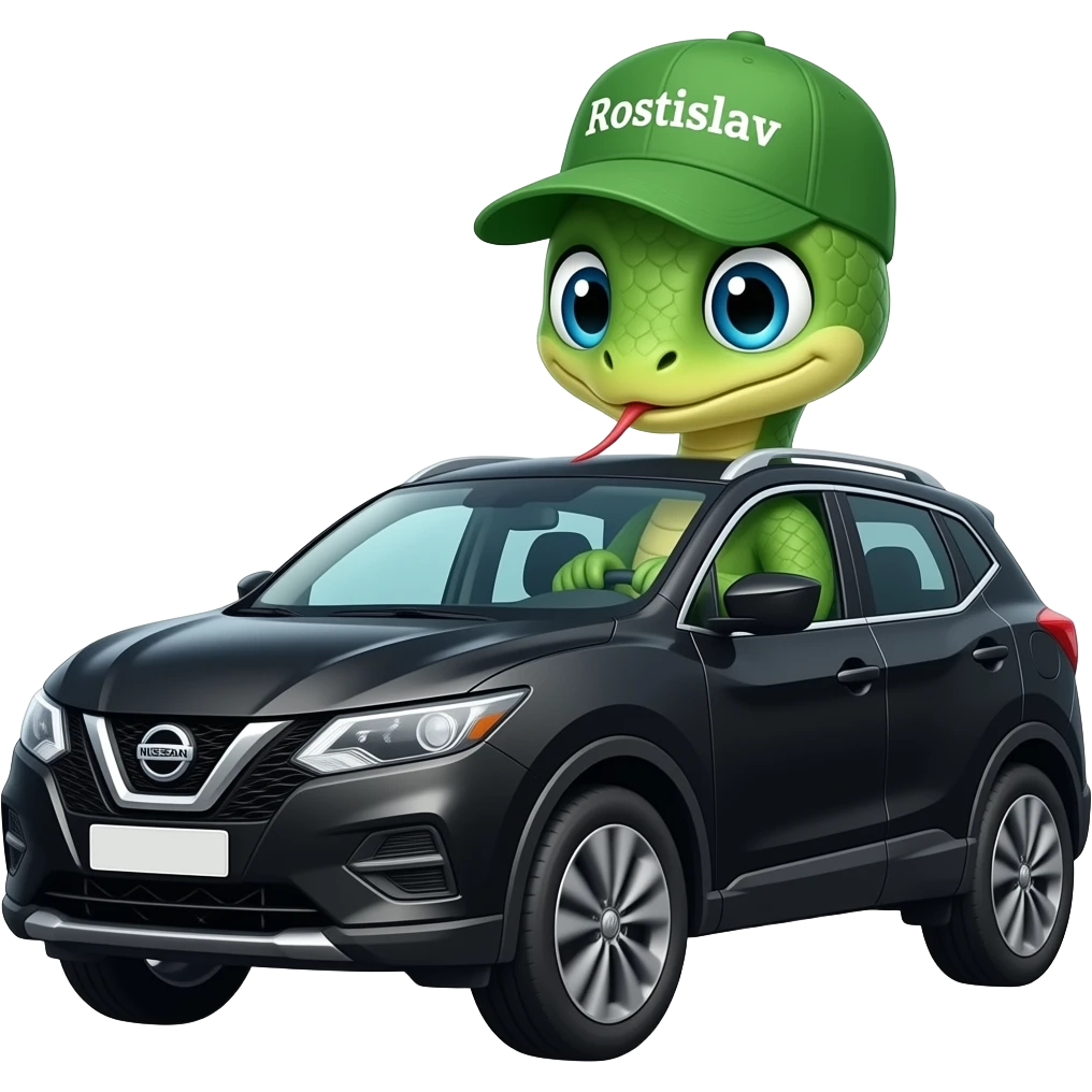 A snake in a cap with the inscription "Rostislav" is driving a black Nissan Qashqai. emoji