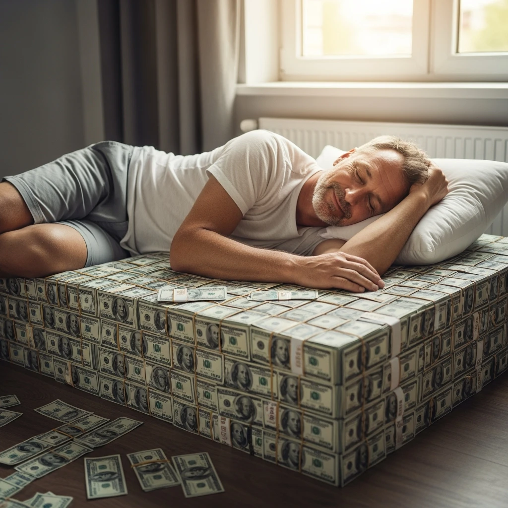happy person napping on mattress of money emoji