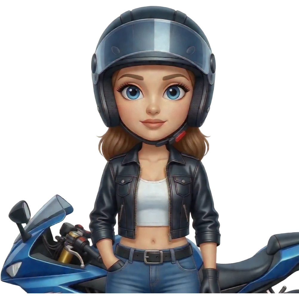 mulher com um capacete de mota que SÓ se ve os seus olhos ou seja a cara é quase toda tapada com o capacete menos os olhos porem aberto e que se veja os cílios bem grandes e a mota ao lado da mulher e a mesma com roupa de motoqueira com os olhos mais relaxados emoji