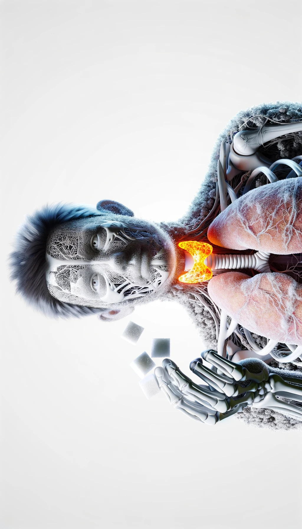 corpo umano anatomico con capelli corti a figura intera fino alle ùginocchia, tiroide infiammata in evidenza, tiene in mano una manciata di zollette di zucchero, iperrealistica 4k, isolato su sfondo bianco emoji