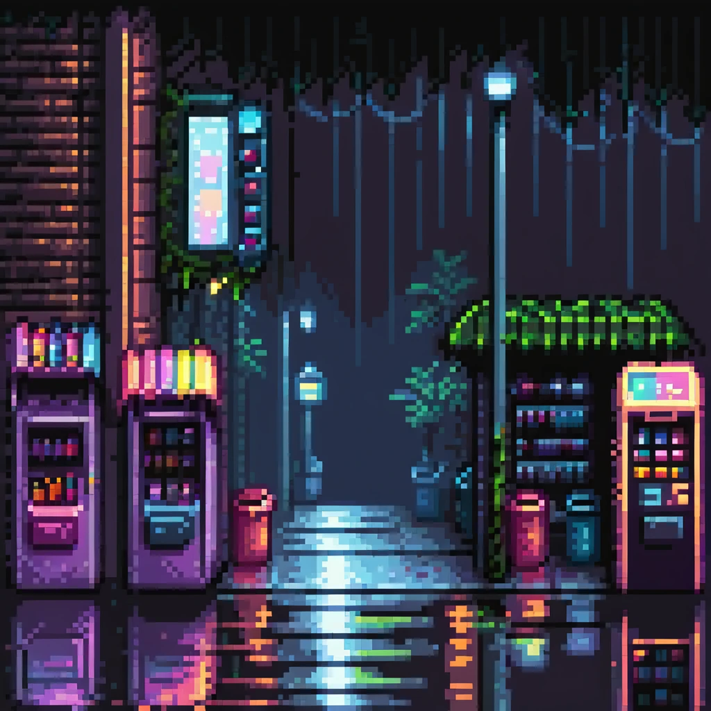 Pixel art urban street at night, side view, neon lights, vending machine, empty sidewalk, moody atmosphere, light rain reflections, trash bins, vertical 9:16 aspect ratio, Sega Genesis fighting game background
 emoji