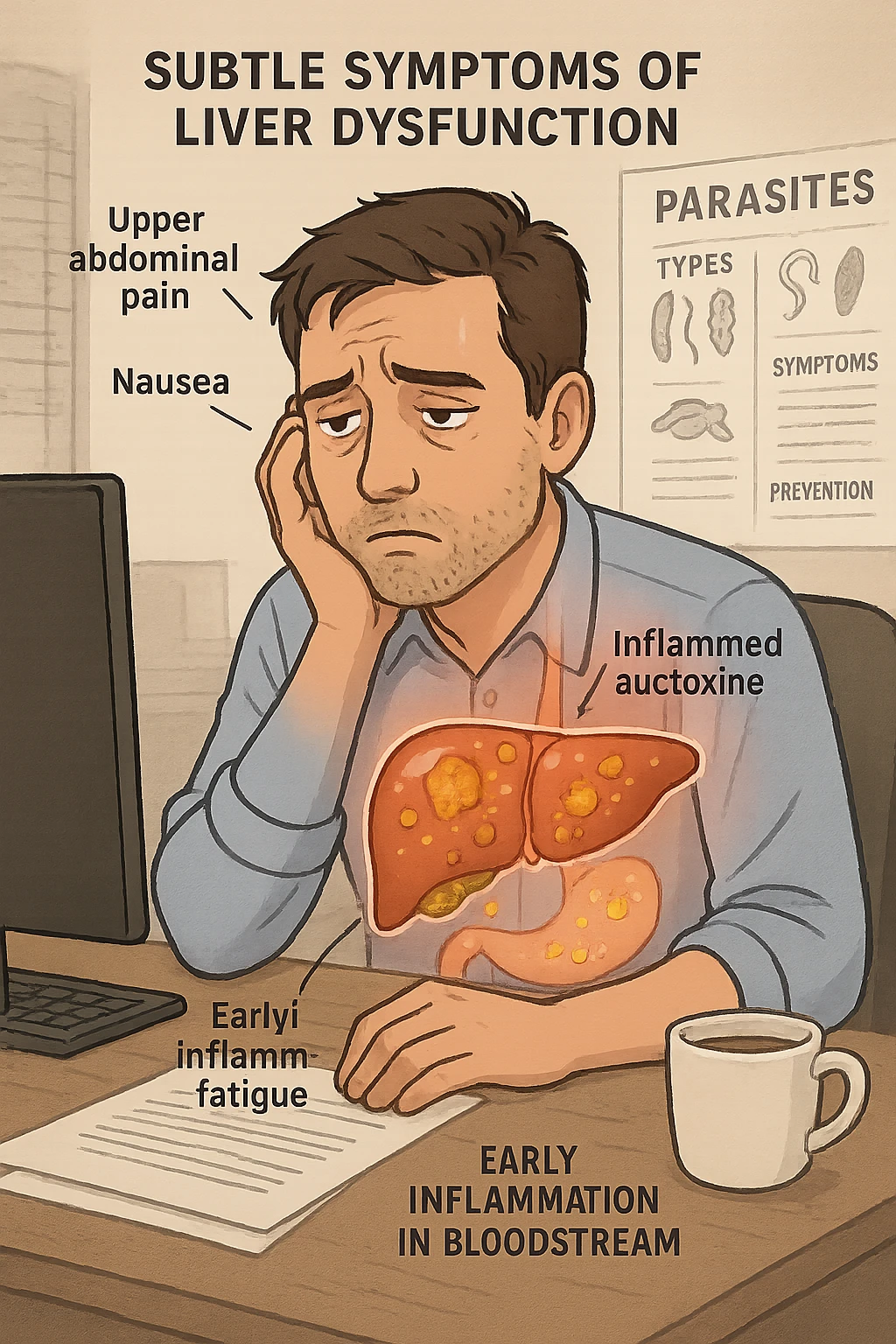 Man sitting at office desk experiencing subtle symptoms of liver dysfunction, upper abdominal pain, nausea, and unexplained fatigue Parasites: Types, Symptoms, Treatment & Prevention, expression of confusion about vague health issues, liver shown in transparent overlay with early inflammation, toxins beginning to accumulate in bloodstream, productivity declining as liver struggles to filter properly emoji