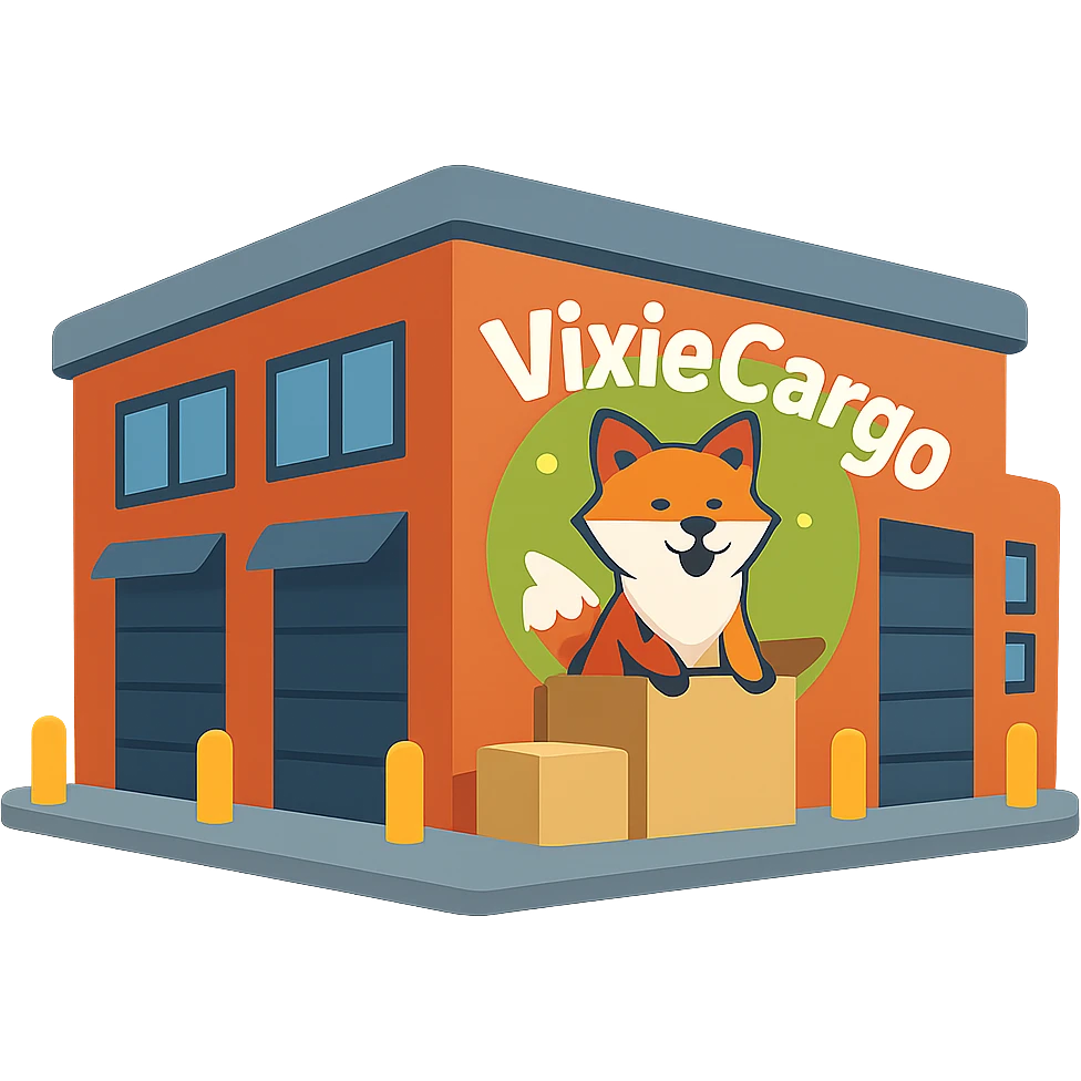 Remove the stroke or outline from the modern parcel warehouse building emoji with the Vixie Cargo logo, keep the color scheme and no background. emoji
