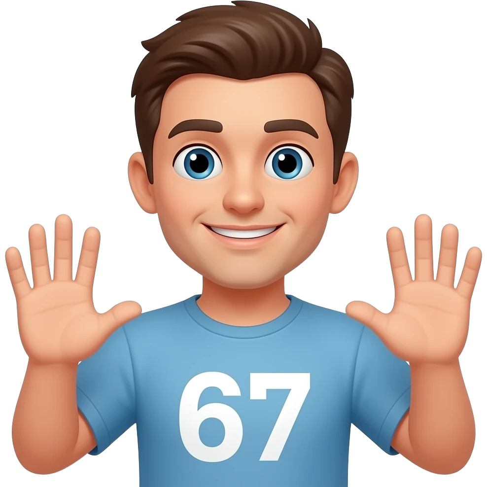 Guy showing hands with 67 emoji