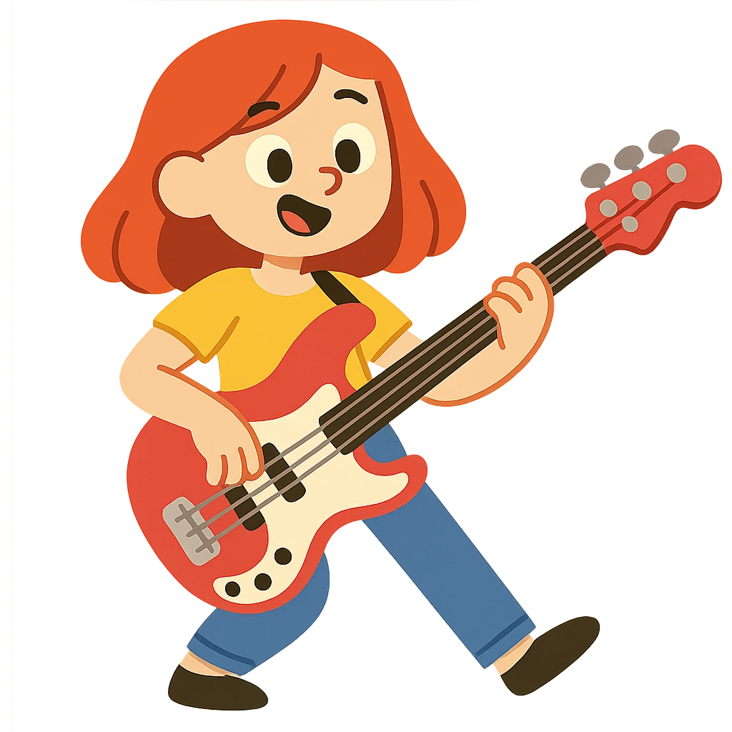 girl with red hair and red bass guitar, long bob hairstyle emoji