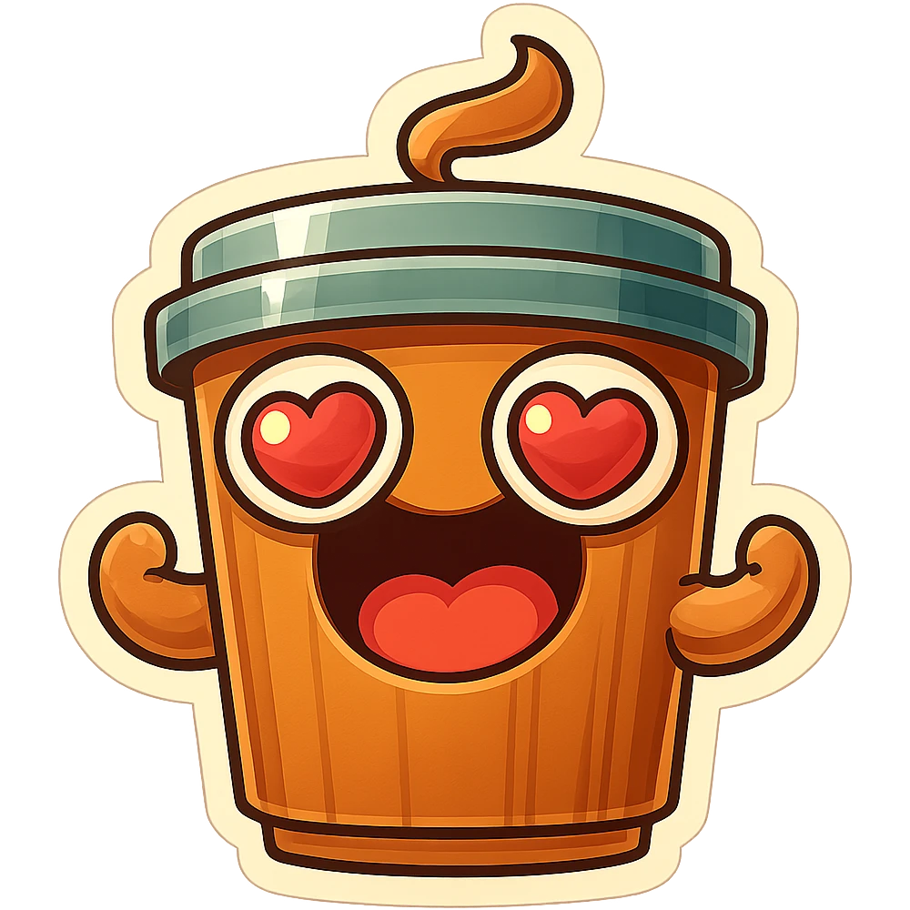 coffee cup creature, big heart eyes, dopey smile emoji