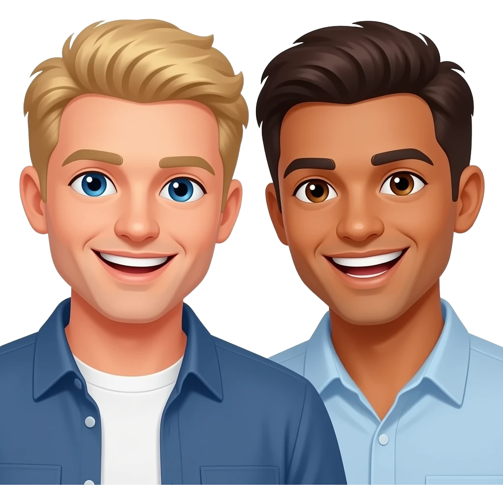 Make a gay couple on a Date , one has light Skin with Blond Hair and Blue Eyes, the other one has slightly brown skin witz dark Brown Hair and Brown Eyes. They have fun together. emoji