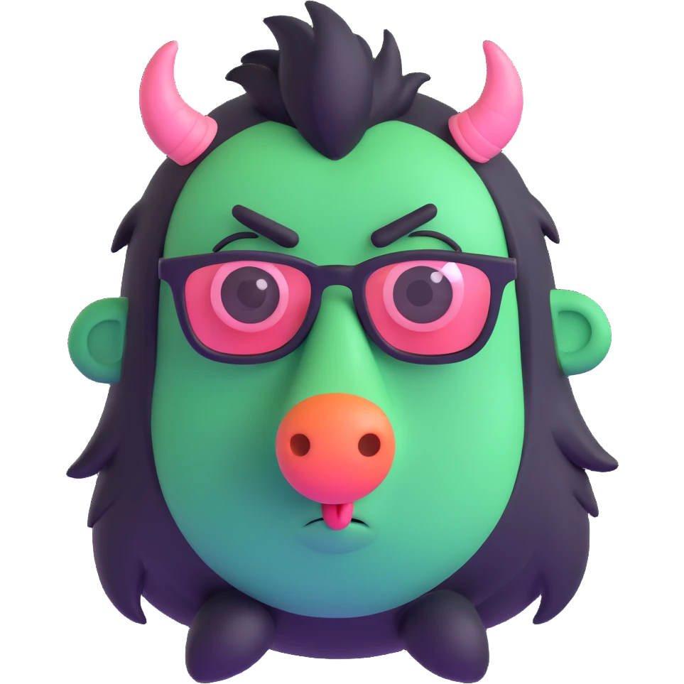 monster with a big nose and black glasses, blushing cheeks emoji