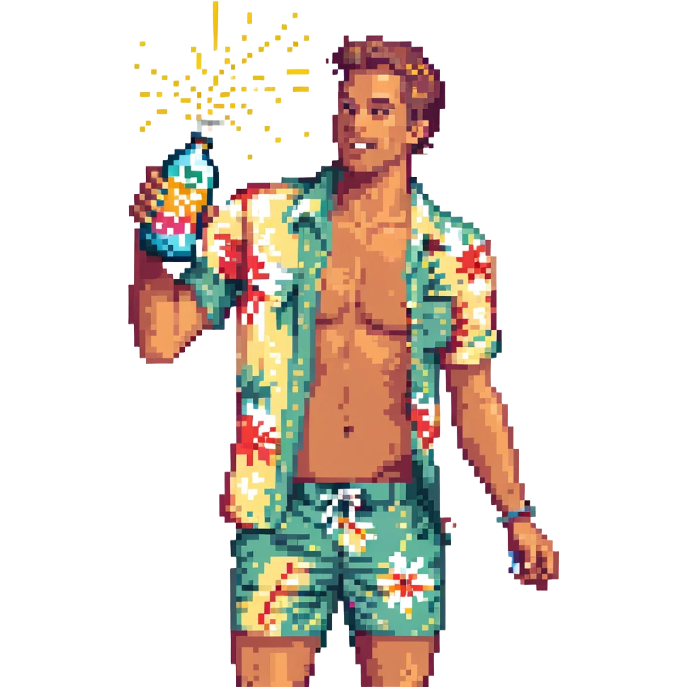 human male Unbuttoned Hawaiian shirt, swim trunks, shaking a cocktail shaker (sparks flying) emoji