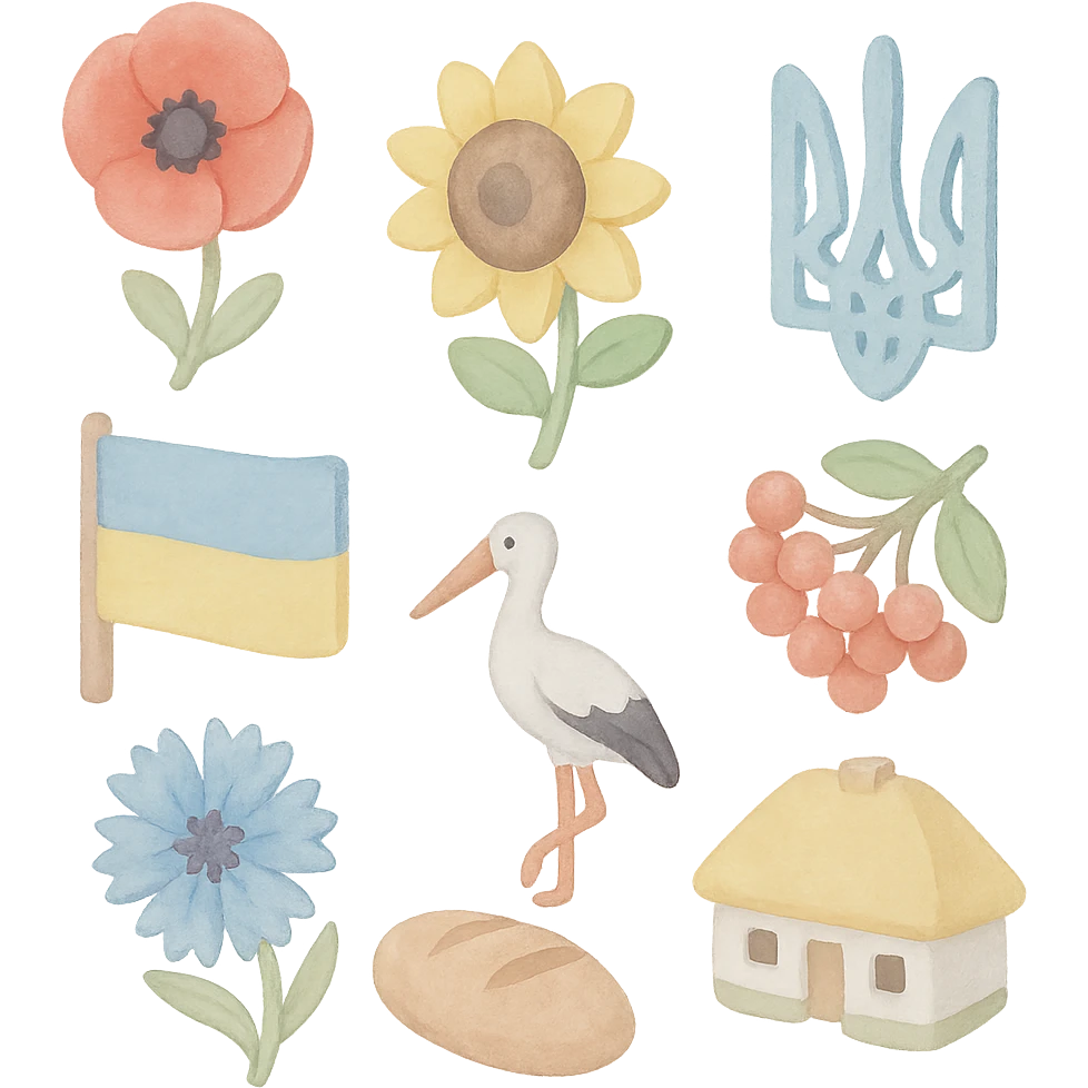 3D illustrative style icons set: red poppy, sunflower, Ukrainian flag, trident, red viburnum, cornflower, bread, stork, Ukrainian house. 2x3 grid, organic spacing, transparent background. Artistic brush strokes, light brush texture, uneven edges for handmade effect, soft pastel colors, light graininess, camera angle 25°, watercolor spatial effect. emoji