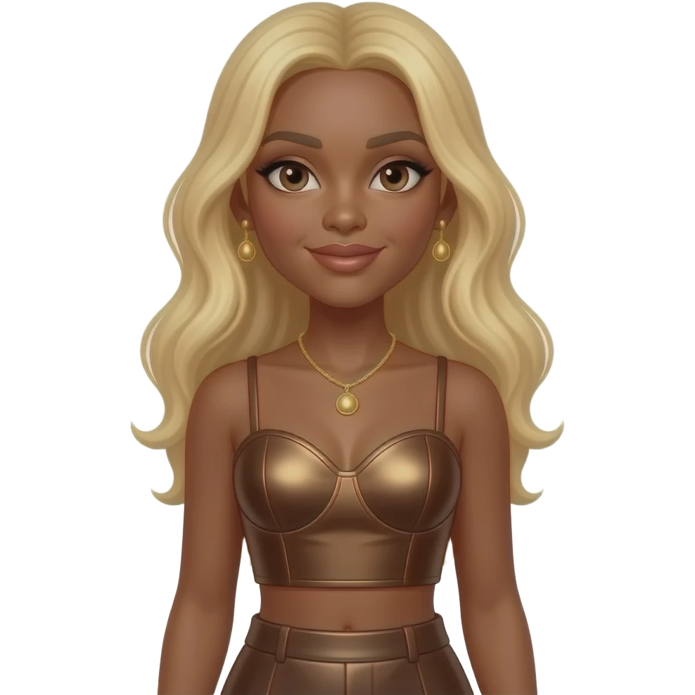 Victoria Monét with brown skin, brown eyes, long blonde hair, brown metallic sweetheart crop top, brown metallic skirt, necklace and earrings emoji
