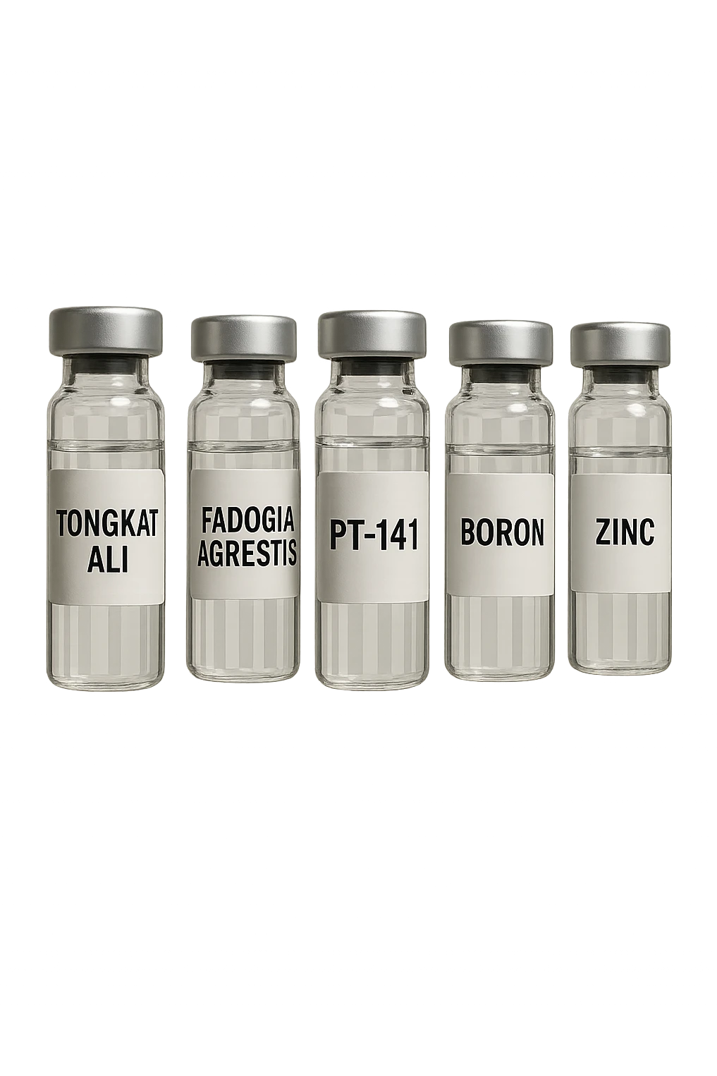 3 fiale mediche: Tongkat Ali, Fadogia Agrestis, PT-141, Boron e Zinco fluttuano in aria verticalmente emoji