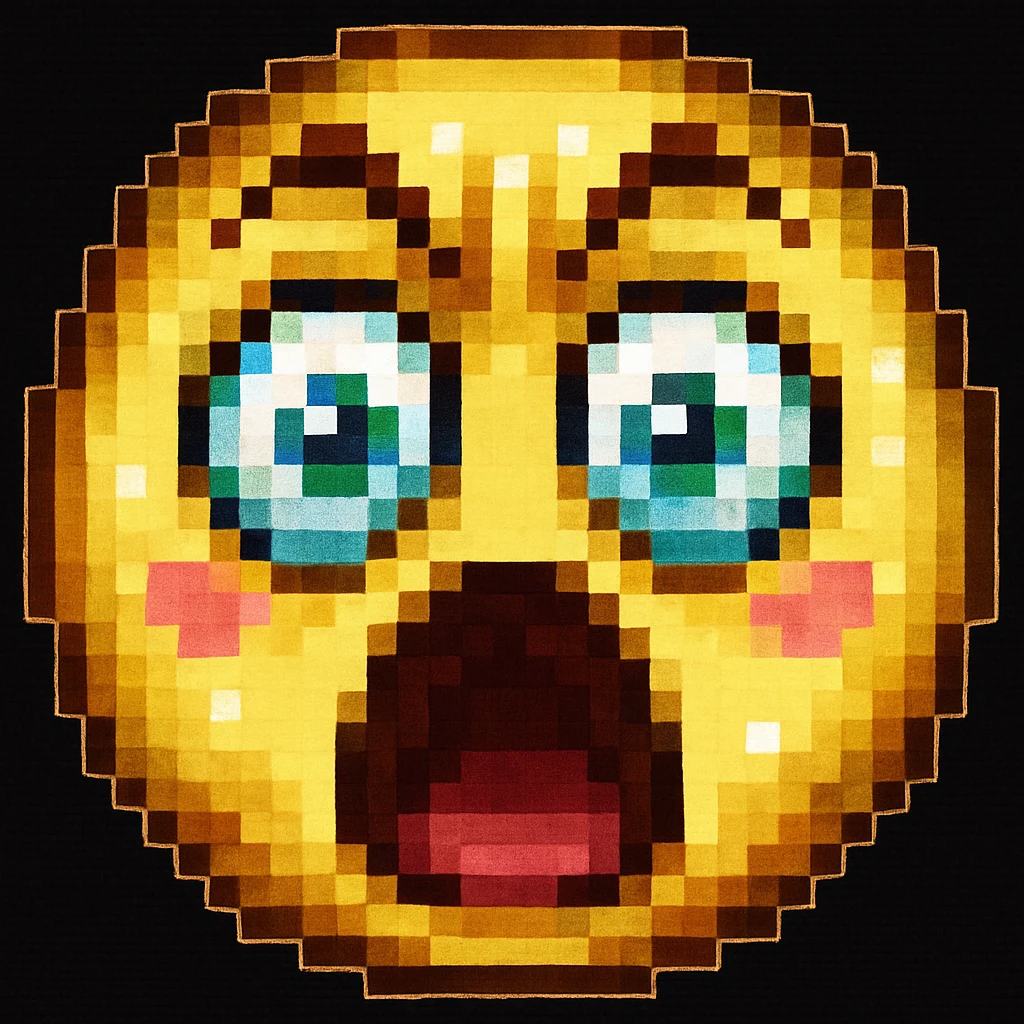 Make the surprised face emoji much more dramatic, with wide open mouth, raised eyebrows, and exaggerated eyes, in pixel art style. emoji