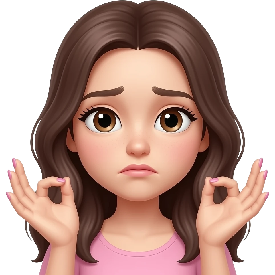 aesthetic emoji girl, indessition expression, trendy nail art, soft pink and nude tones, minimal makeup, clean background, soft lighting, girly aesthetic, 3D emoji style, high detail emoji