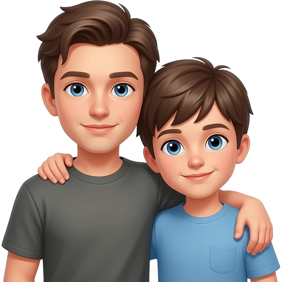 Erstelle ein Emoji von zwei Brüder, der eine um die 20 und der andere um die 24, der älter Bruder legt sein Arm über sein jüngeren und der jüngere legt auch sein Arm um sein Bruder und beide legen die Köpfe aneinander. Beide haben blaue Augen emoji
