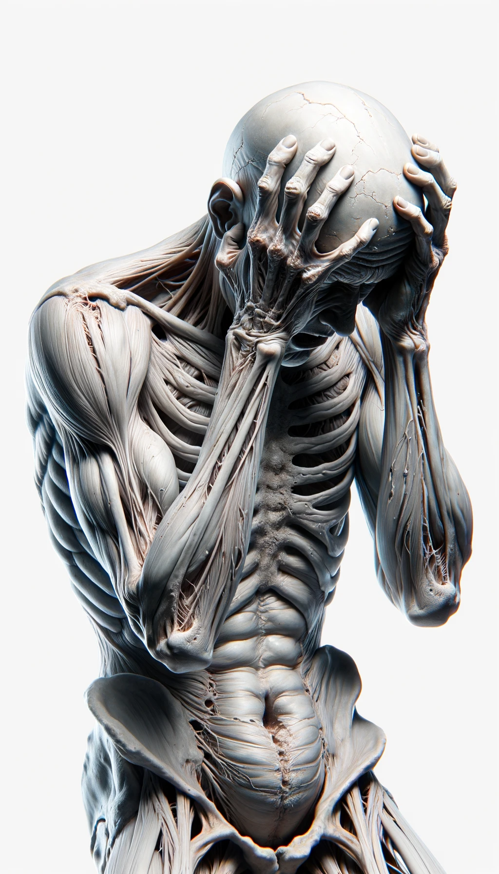 CORPO UMANO ANATOMICO REALISTICO DISPERATO, SI TIENE LE MANI SULLA FRONTE E NON SA COSA FARE, SUDATO, IPERREALISTICO 4K, SFONDO BIANCO emoji