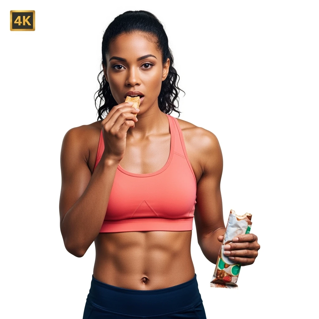DONNA FITNESS CHE MASTICA CIBO, IPERREALISTICA 4K, SENZA SFONDO emoji