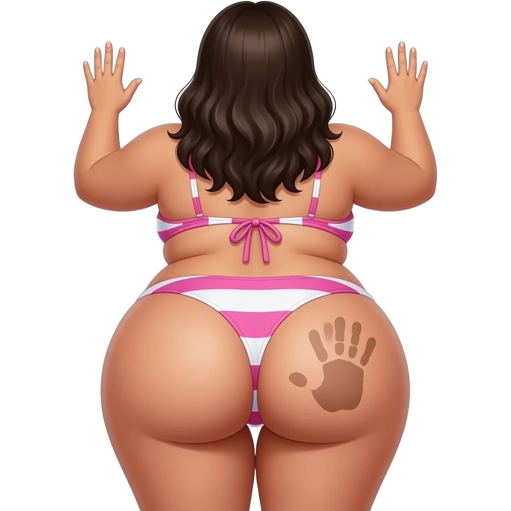 A really extremely fat pink and white big booty latina showing back its bikini and big thighs and buttocks while putting her hands behind the wall and she has a hand print on her left buttocks emoji