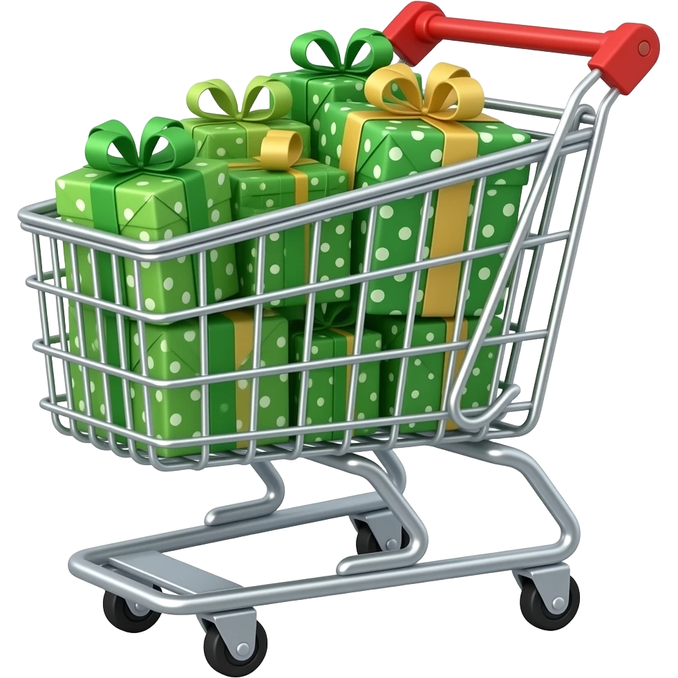 a shopping trolley full of gifts wrapped in green paper the trolley is solver all over emoji