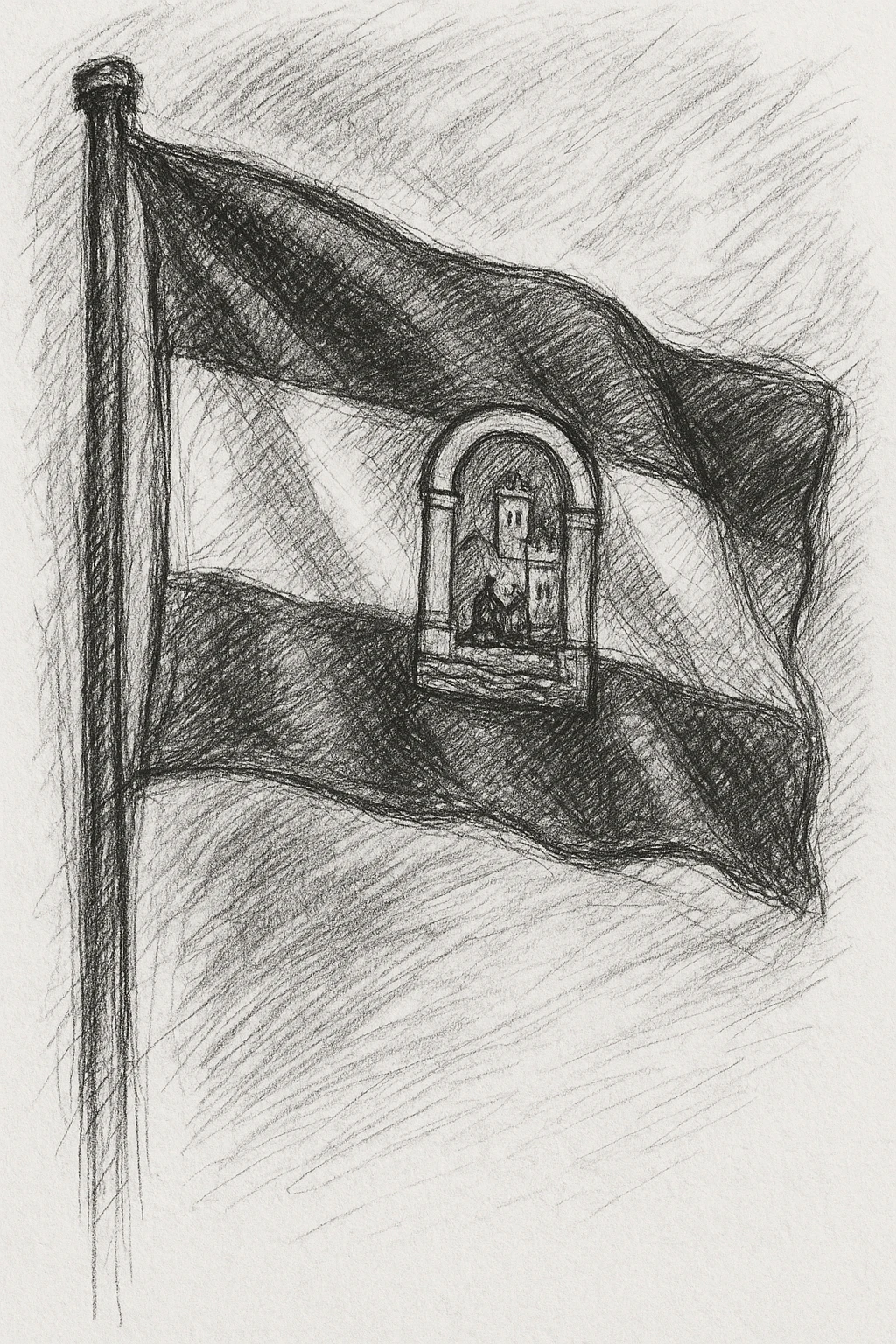 hand-drawn sketch of the Malaga flag, with visible pencil lines and accurate flag details emoji