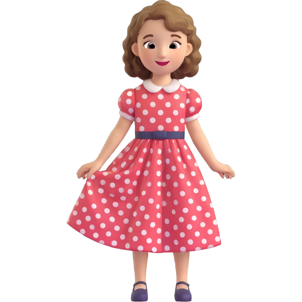 girl wearing a polka dot vintage dress, wavy hair, happy emoji