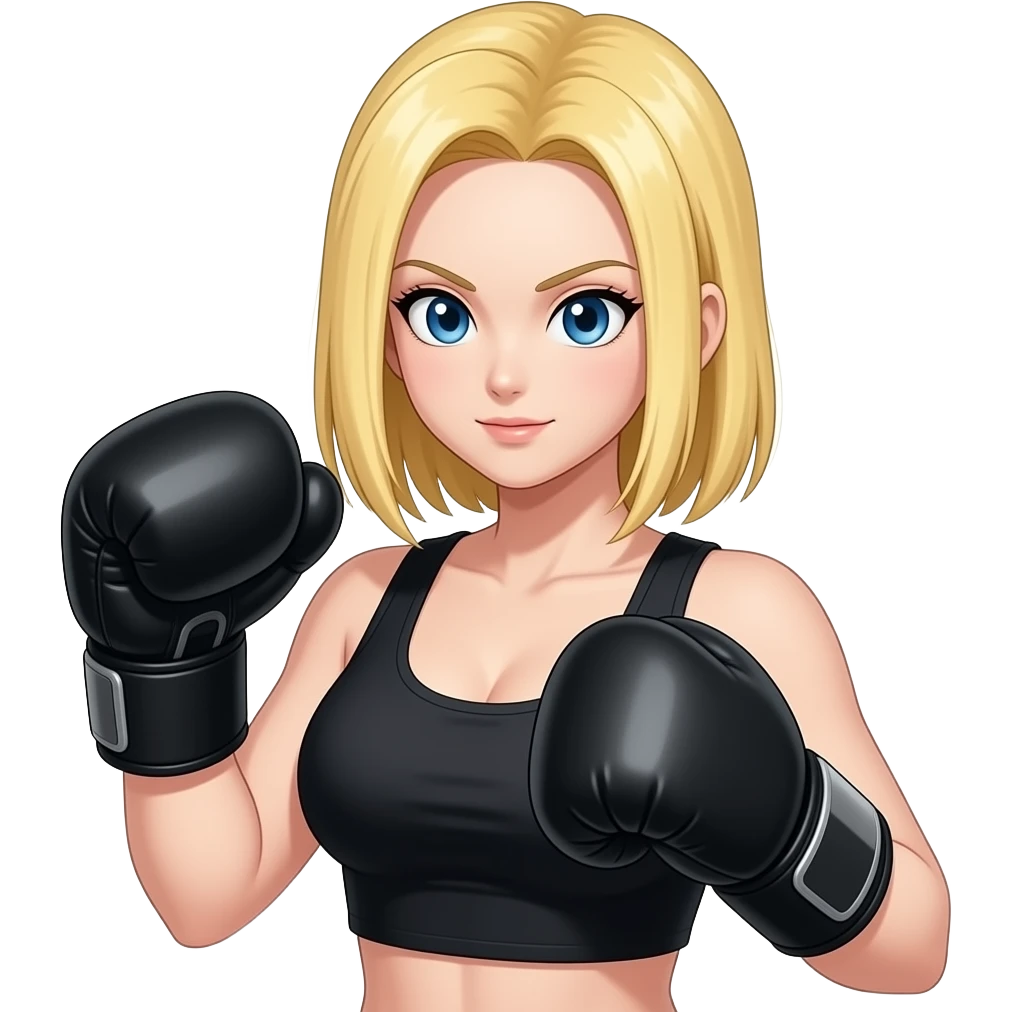 In Breast boxing, blonde shoulder length haired female, android 18, from dragon ball super, in the black boxing gloves emoji